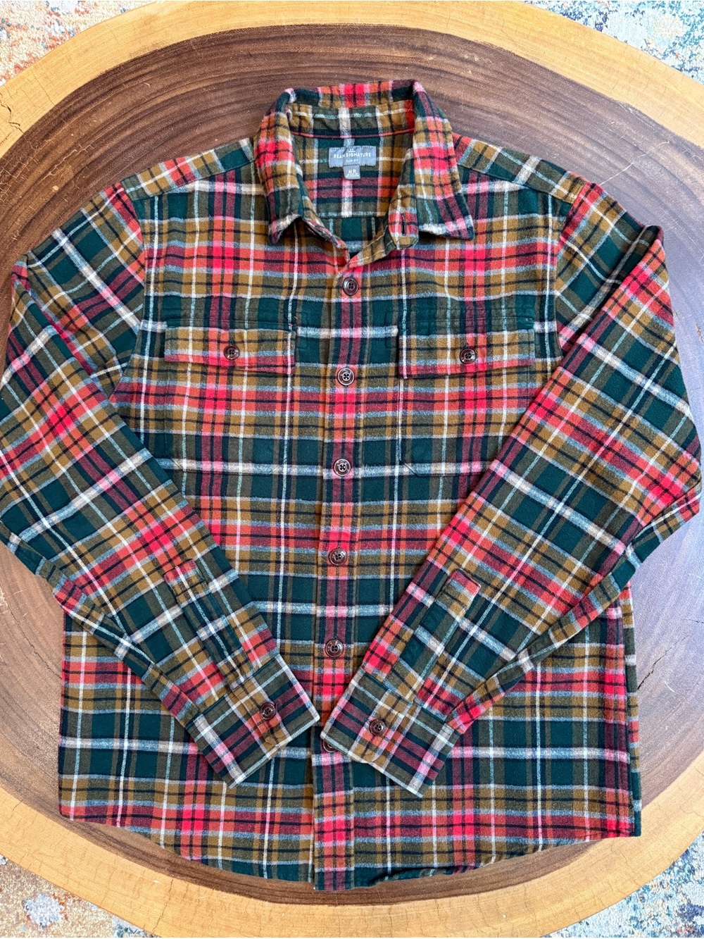 L.L. Bean Green, Red & Tan Plaid Button-Down Slim Fit Flannel Shirt